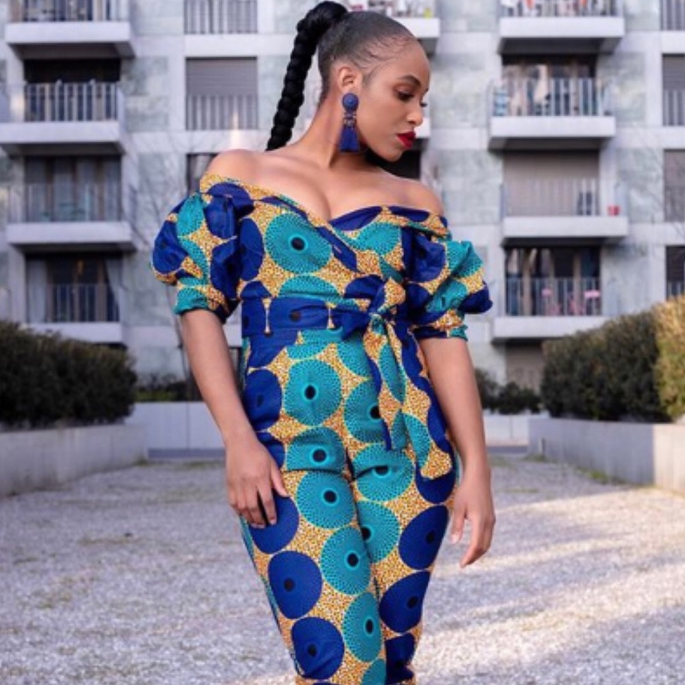 African Print Off-the shoulder Jumpsuit w/ Belt